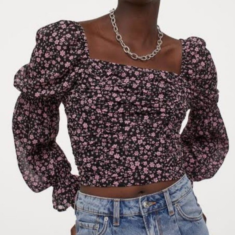 H&M Foral Draped Square Neck Puff-Sleeved Top! Size XS, no zipper!!